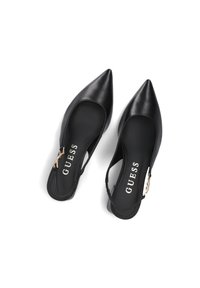 Scarpe slingback in pelle nera con punta affusolata, decorate con un'accenno in metallo dorato e una finitura liscia e lucida.