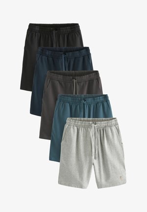 Pet par kratkih hlača prikazanih u gradijentu. Boje uključuju crnu, mornarsko plavu, tamno sivu, tirkiznu i svijetlo sivu. Sve imaju elastične pojasove i džepove.