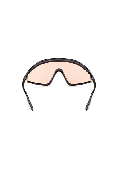 Aurinkolasit mustalla kehällä, ylisuurilla vaaleanpunaisilla laseilla, kiertävän muotoilun ja tyylikkäiden varsien kanssa, joissa on hillittyjä metalliosia.