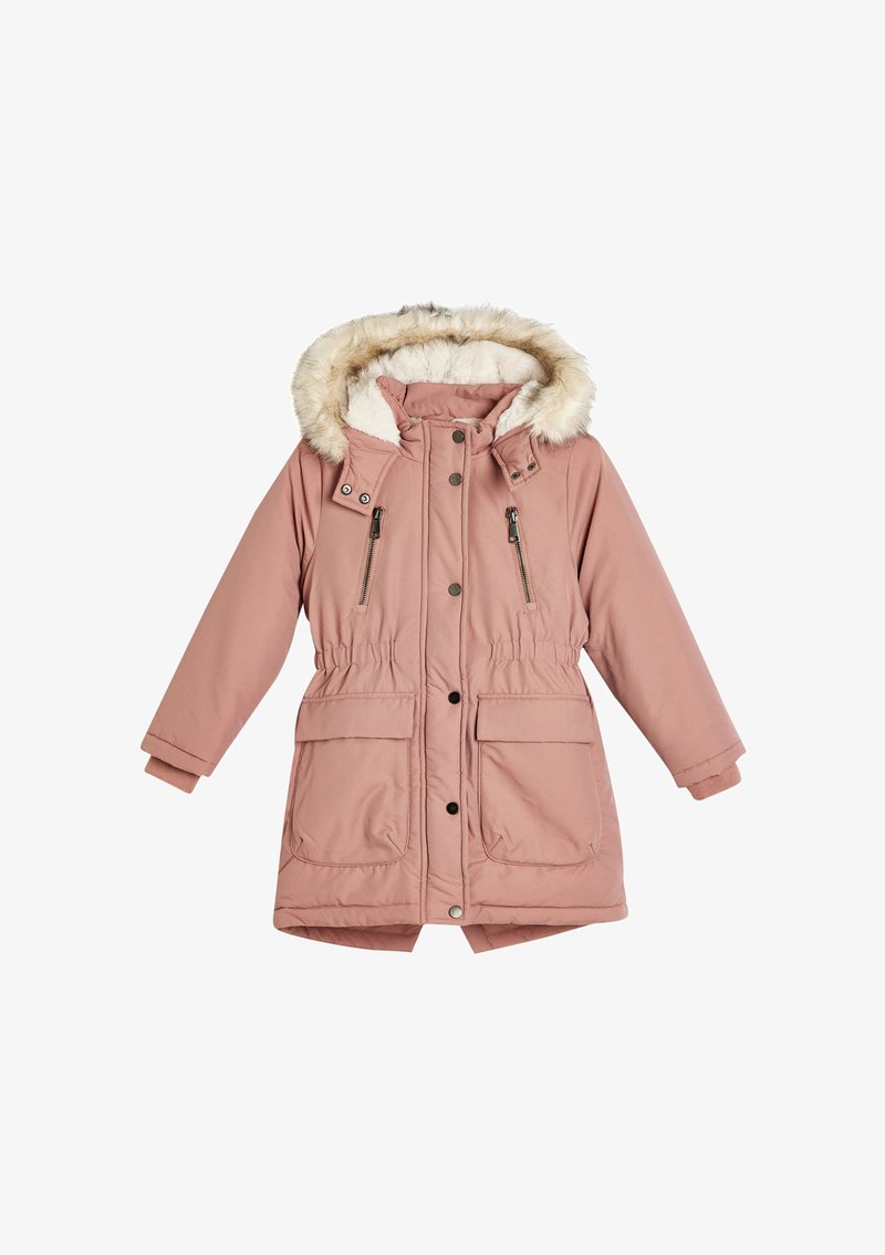 Lyserød parka-jakke med en krave i faux pels, lynlåslommer på brystet, snørredetalje i taljen og knaplukning foran. Blød tekstur og mellemlang design.