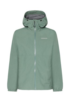Lichtgroene waterdichte jas met capuchon, ritssluiting aan de voorkant, elastische manchetten en het "Didriksons"-logo op de borst. Glad, mat textuur van de stof.