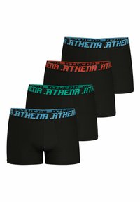 Boxer shorts noirs avec des ceintures élastiques contrastantes en bleu, vert, rouge et orange, portant le texte ".ATHENA" sur chaque bande.