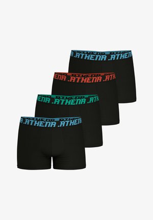 Boxer shorts noirs avec des ceintures élastiques contrastantes en bleu, vert, rouge et orange, portant le texte ".ATHENA" sur chaque bande.