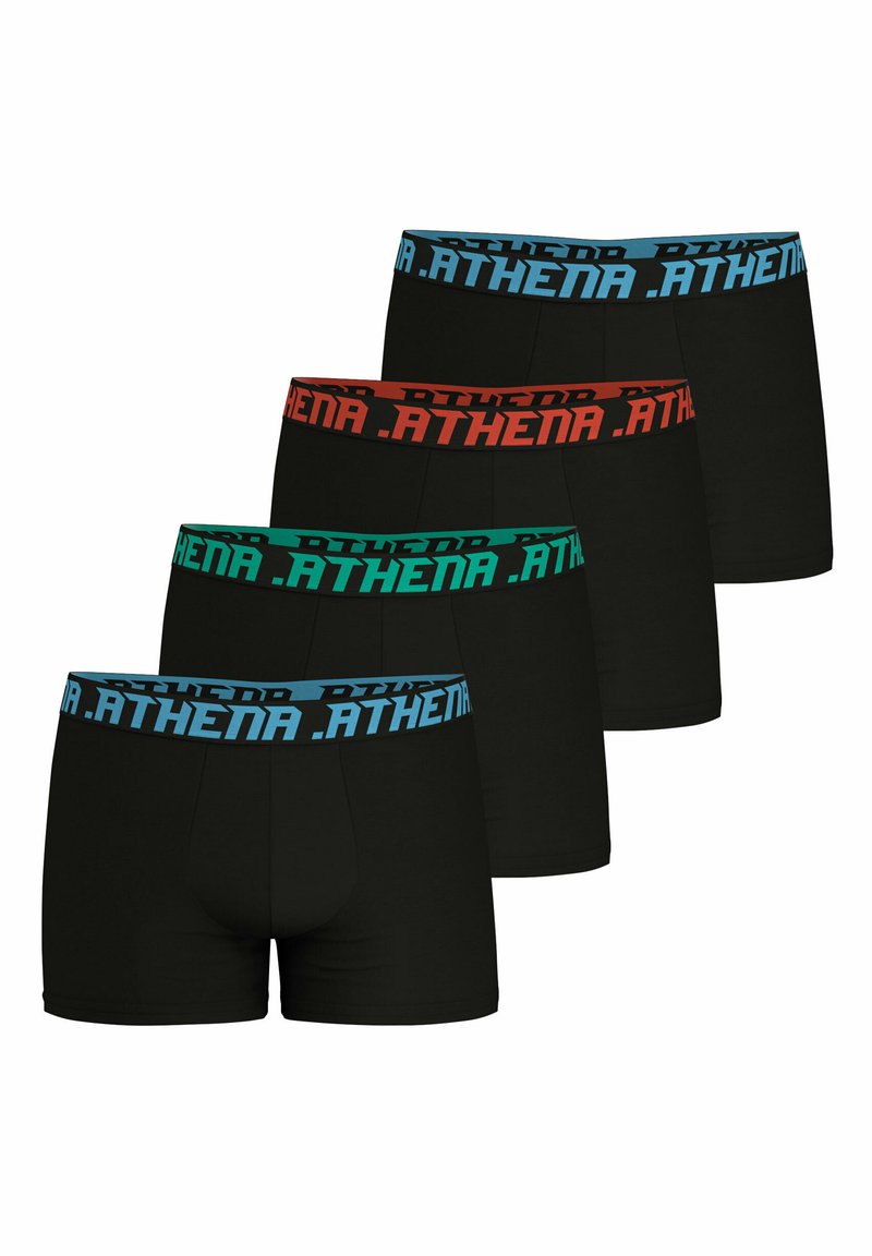 Boxer shorts noirs avec des ceintures élastiques contrastantes en bleu, vert, rouge et orange, portant le texte ".ATHENA" sur chaque bande.