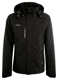 Czarna wodoodporna kurtka z wysokim kołnierzem, zamykanymi na zamek kieszeniami i kapturem. Charakteryzuje się gładkim materiałem oraz subtelnym logo na górnym lewym boku.