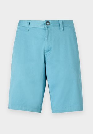 Light blue shorts made of a smooth fabric. Features a button closure and belt loops, with a straight cut that extends to the knee.