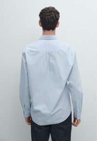 Camicia azzurro chiaro a righe con bottoni, maniche lunghe, tessuto in cotone e orlo curvo. Presenta un colletto classico e un dettaglio plissettato sul retro.