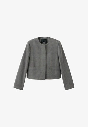 Grauer gekürzter Blazer mit dezentem Karomuster, rundem Ausschnitt, langen Ärmeln und ohne sichtbare Knöpfe oder Verschlüsse.