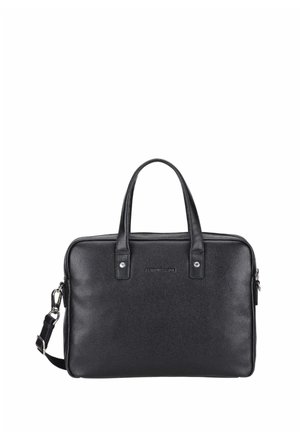 Serviette en cuir noir avec double poignée et bandoulière amovible, forme rectangulaire et fermeture éclair.