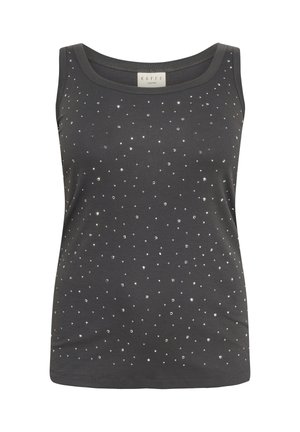 Top a canotta grigio scuro con texture a costine, decorato con paillettes argento sparse, dotato di scollatura rotonda e senza maniche.