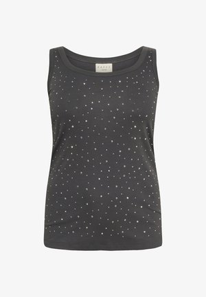 Mørkegrå tanktop med ribbet tekstur, prydet med spredte sølvfarvede pailletter, med rund halsudskæring og ærmeløs design.