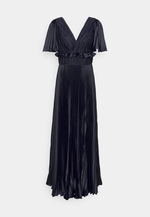 Crna plisirana duga haljina s V-izrezom, širokim letućim rukavima i volanima na struku. Glatka tekstura, lepršava tkanina, elegantan dizajn.