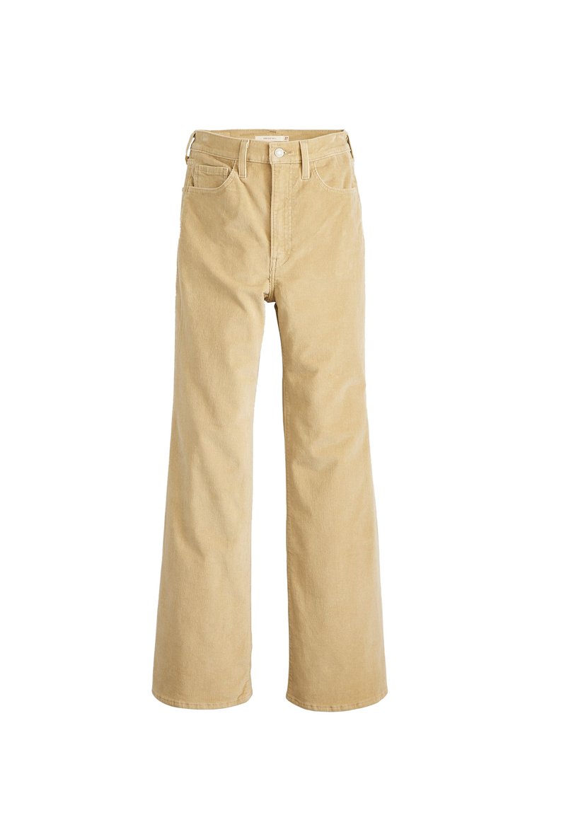 Pantalons en velours côtelé à jambes larges en beige, présentant une taille haute, un design à cinq poches et une fermeture boutonnée. Tissu texturé avec des stries subtiles.