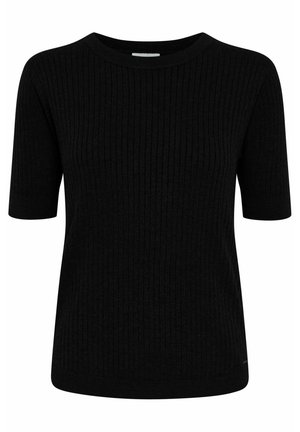 Must have lühikeste varrukatega must soonik-sviiter, ümar kaelusega. Valmistatud pehmest materjalist, tekstuurse viimistlusega ja sirge alläärega.