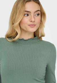 Groene geribde top met een hoge, geschulpte halslijn. Aansluitend ontwerp en zachte textuur, benadrukt met fijne verticale strepen.