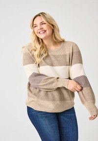 Knit sweater with horizontal stripes in taupe, beige, and white. Features ribbed texture, wide sleeves, and a round neckline.