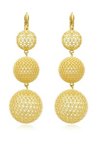 Boucles d'oreilles pendantes en filigrane doré à trois niveaux avec un motif en treillis complexe et des fermoirs à ressort.