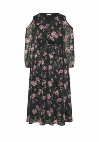 Blommig midiklänning i svart med kallaxel-design, med rosa och blå blommor, långa ärmar, V-ringning och detalj med knytning i midjan.