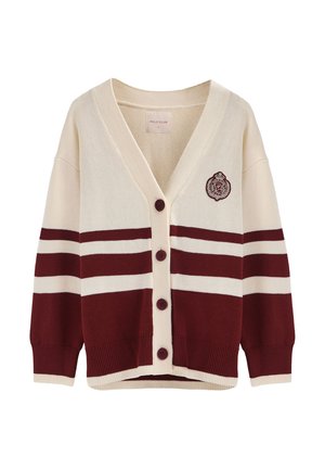 Cardigan crème avec des rayures bordeaux, décolleté en V, cinq boutons et un patch logo sur la poitrine gauche. Manches et ourlet côtelés. Texture tricot douce.