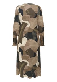 Ilgomis rankovėmis maksi suknelė su įvairiaspalviu abstrakčiu raštu žemiškos spalvų paletės atspalviais, su surinktais akcentais rankovių kraštuose.