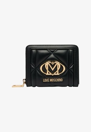 Portafoglio in pelle nera trapuntata con logo Love Moschino dorato e cursore della cerniera, di forma rettangolare e compatta.