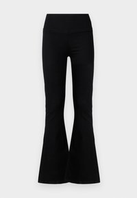 Black flared pants with a high waistband, featuring a smooth fabric texture and a fitted silhouette that flares out at the ankles.