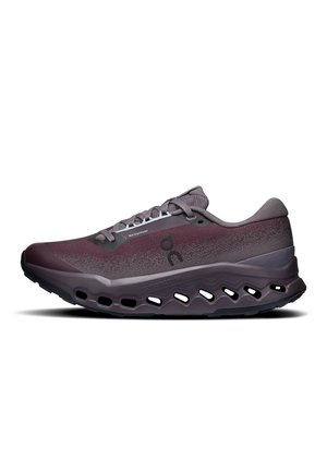 Dark purple waterproof running shoe with lace-up design and thick cushioned sole featuring multiple oval cutouts.