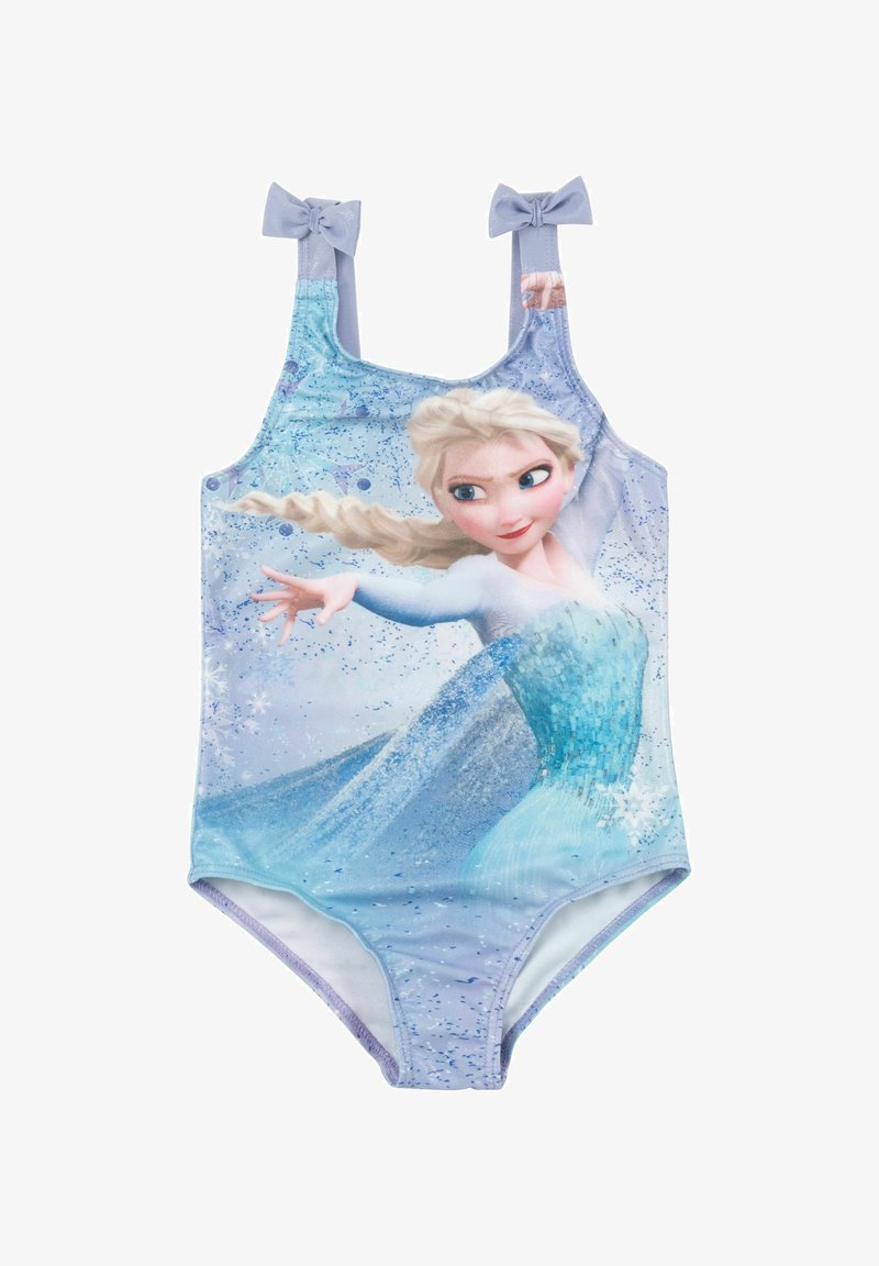 Costume da bagno con tessuto azzurro chiaro e una grafica di un personaggio con capelli biondi. Decorazioni a fiocco sulle spalline, texture liscia.