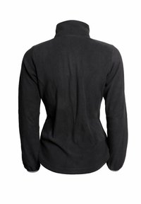 Svart fleecejacka med hög krage, långa ärmar och en figursydd design. Slät textur med sömmar synliga på baksidan.