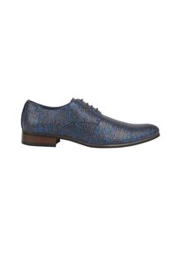 Leren veterschoen in blauw en paarse textuur, met een slanke silhouet en een lage bruine hak.