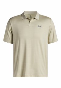 Beige Poloshirt mit kurzen Ärmeln, aus strukturiertem Stoff. Verfügt über einen Kragen mit drei Knöpfen und ein graues Logo auf der linken Brust.