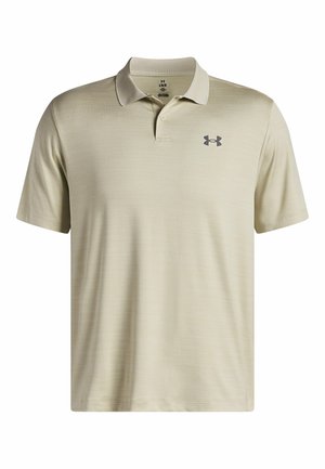 Beige polo shirt with short sleeves, made of textured fabric. Features a three-button collar and a gray logo on the left chest.
