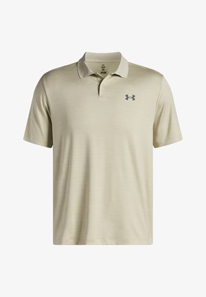 Beige polo shirt with short sleeves, made of textured fabric. Features a three-button collar and a gray logo on the left chest.