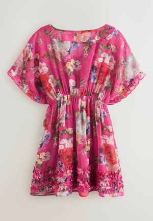 Blumenkleid aus leuchtend pinkem, durchscheinendem Stoff mit geraffter Taille, Rüschenärmeln und einem Mix aus bunten Blumenmustern.