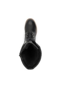 Zwarte leren enkellaars met een faux bont voering, ronde neus, vetersluiting aan de voorkant en een textiele zwart accent bij de bovenrand.