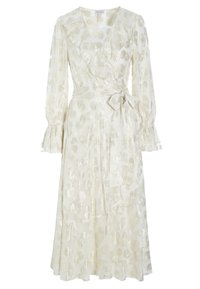 Pitkähihaista kääntömekkoa kermaisena, jossa on kultaisia ympyräkuvioita, väkästetyt hihat ja solmittava vyö. Virtaava kangas kerroksittain leikatulla helmalla.