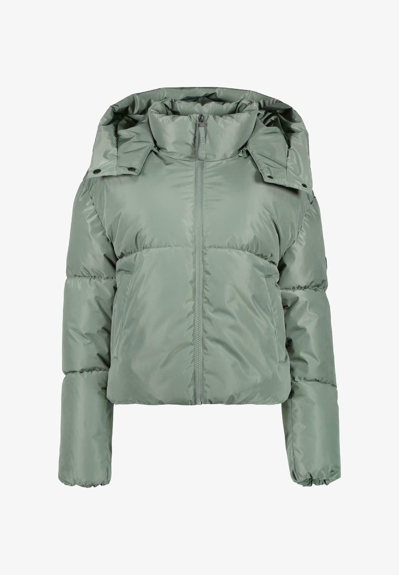Donsachtig, cropped jack in een lichtgroene kleur. Gemaakt van glanzende stof met een rits aan de voorkant, een capuchon en drukknoopaccenten op de kraag.