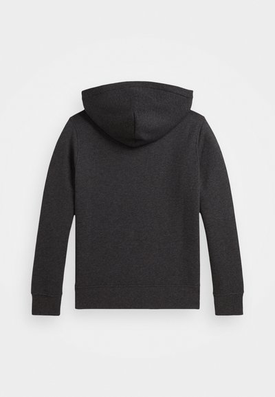 Ciemnoszary, rozpinany sweatshirt z kapturem, charakteryzujący się gładką fakturą, długimi rękawami oraz ściągaczami przy mankietach i u dołu. Kaptur jest zaokrąglony, brak widocznych logo.