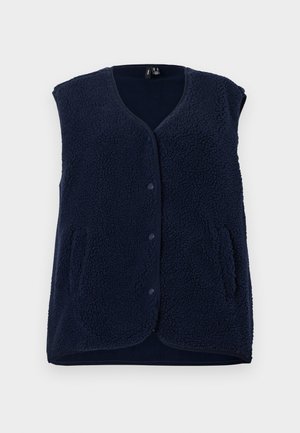 Tamnoplava bezrukavna prsluk od flisa sa kopčanjem na preklopne kopče i dva prednja džepa, položen ravno na bijeloj pozadini.