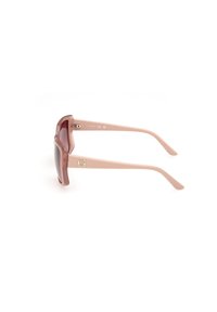 Ochelari de soare supradimensionați cu lentile de nuanța brună, cadru din plastic roz și detaliu cu logo pe brâu. Textură netedă și design elegant.