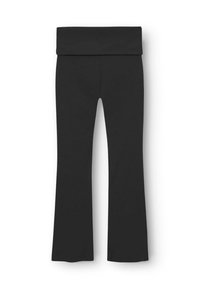Zwarte flare leggings van rekbaar materiaal. Beschikt over een brede tailleband en een zachte textuur, die geleidelijk van de knie naar de zoom taperen.