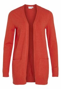 Orange stickad cardigan med ribbad nederkant, öppen front och två framfickor. Mjuk textur och avslappnad passform, perfekt för lager-på-lager.