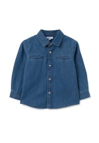 Camisa de mezclilla de botones en azul oscuro con mangas largas, un collar puntiagudo, dos bolsillos en el pecho y un dobladillo ligeramente curvado. Tejido texturizado.