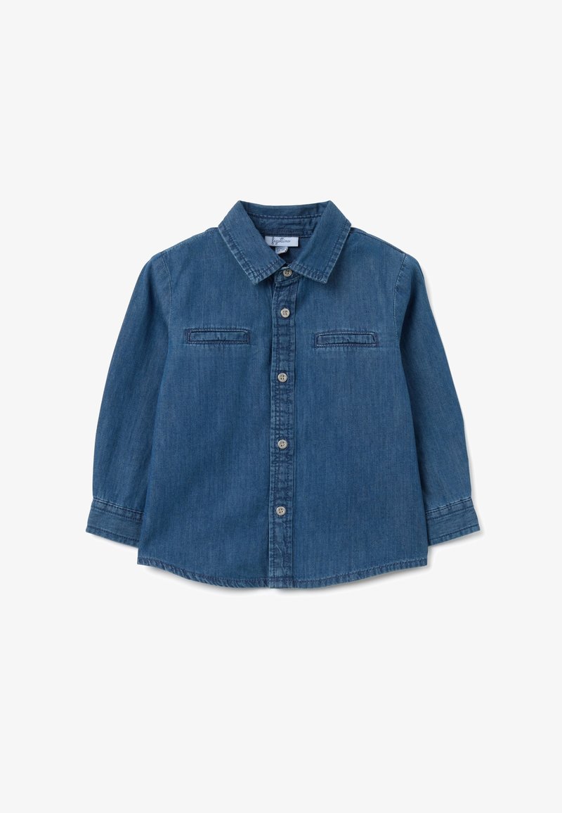 Donkerblauw denim overhemd met lange mouwen, een puntige kraag, twee borstzakken en een licht gebogen zoom. Gelaagd stof.