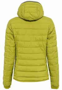 Vue de dos d'une veste matelassée vert citron à manches longues avec capuche attachée.
