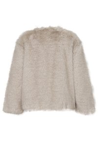Giacca in finta pelliccia di un beige chiaro, con un'esterno testurizzato e fluffy, taglio dritto e maniche lunghe. Senza chiusure.
