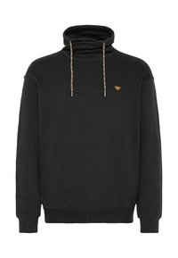 Sudadera negra con cuello alto, cordones con detalles estampados y un pequeño logo en el pecho. Tejido suave y texturizado.