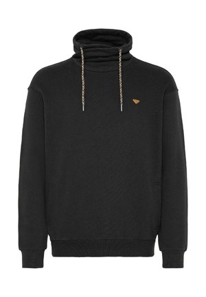 Hanorac negru cu gât înalt, sireturi cu detalii decorative și un logo mic pe piept. Material moale și texturat.