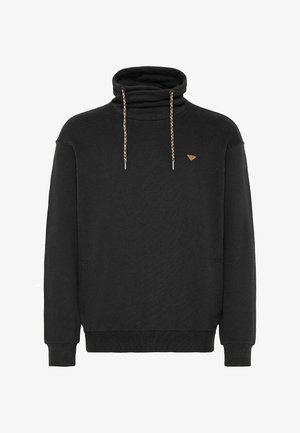 Hanorac negru cu gât înalt, sireturi cu detalii decorative și un logo mic pe piept. Material moale și texturat.