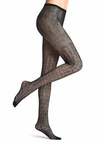 Collant in rete nera con un motivo a ondine sulla parte superiore. Vita elastica, materiale trasparente e design a trama aperta. Stile con piedi.